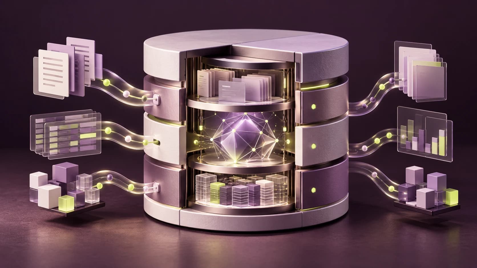 Cutaway view of database architecture housing an internal intelligence and vector kernel.