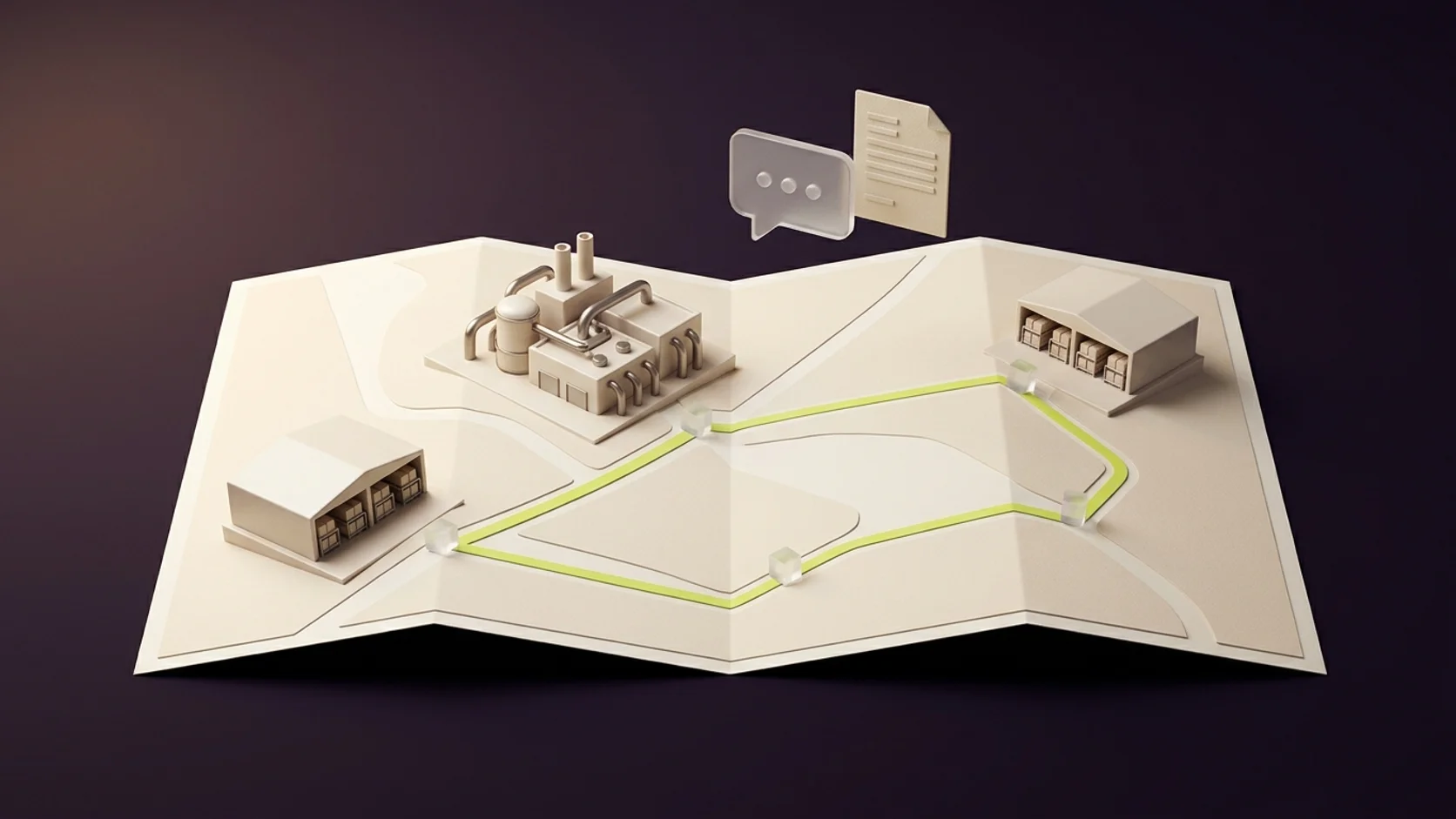 AI sales assistant linking manufacturing plant logistics, optimized field routes, and orders on an abstract map.